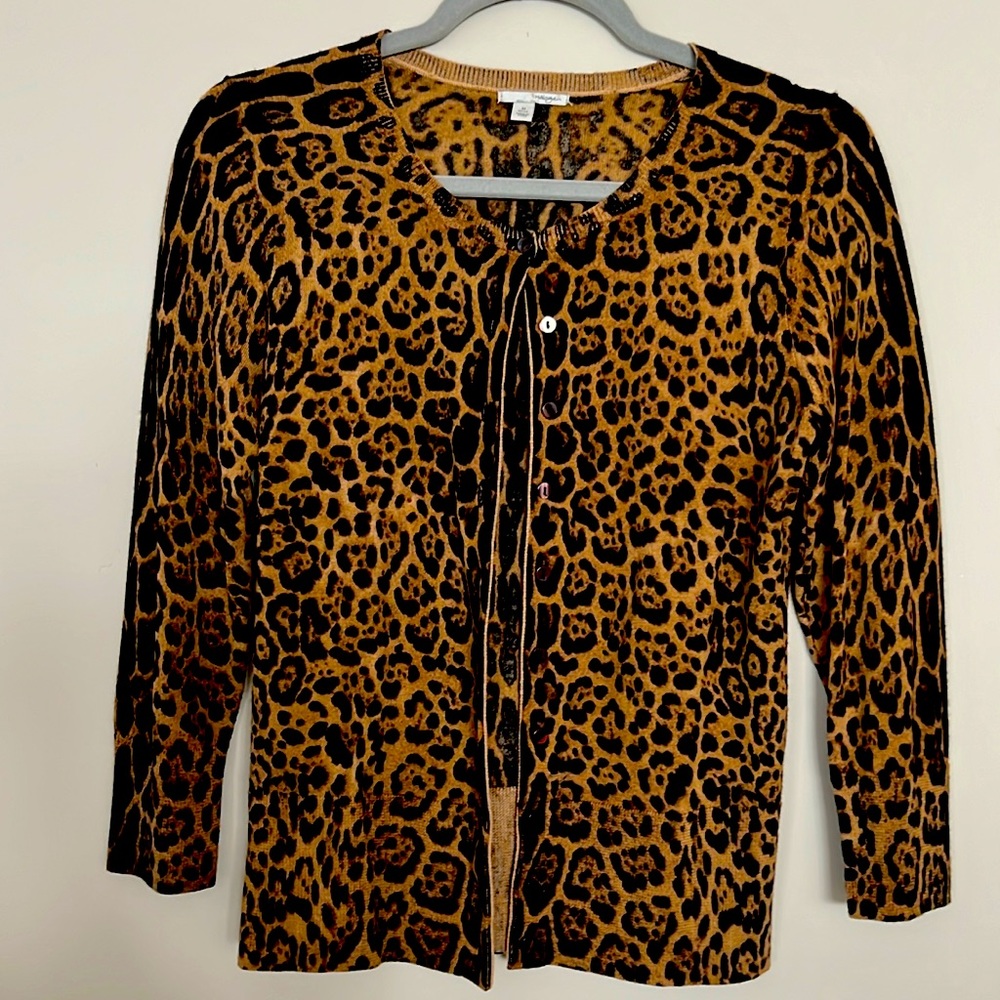 Halogen 100% Merino Wool 3/4 Sleeve Leopard Print Cardigan